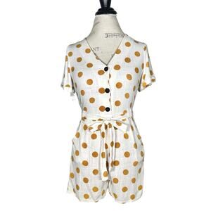 Monteau | Women | Mustard Polka Dot Linen Blend Tie Front Summer Romper | Small